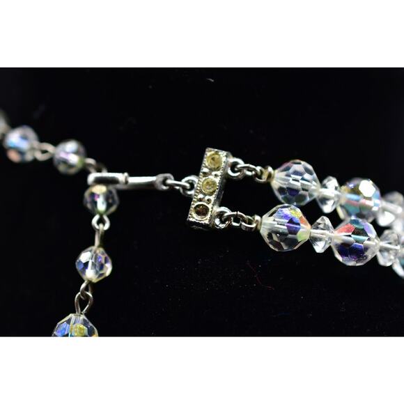 Vintage Aurora Borealis Crystal Double Strand Beaded Collar Necklace Shiny BinA - Picture 7 of 12